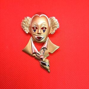 Vintage Gold Tone Clown Brooch Pin 50's